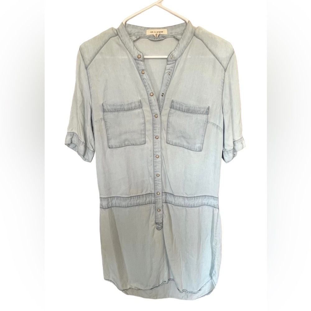 Life in Progress Tunic Dress Chambray White Wash Denim Button Boho Y2k T…
